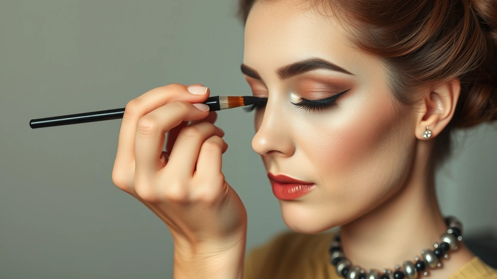 Vintage makeup artist applying precise eyeliner with brush and liquid formula, showing professional technique and hand positioning for vintage-style application