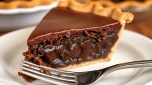 Close-up of a perfectly sliced old fashioned chocolate pie showing creamy dark chocolate filling, flaky golden crust, and glossy surface, served on white plate with fork
