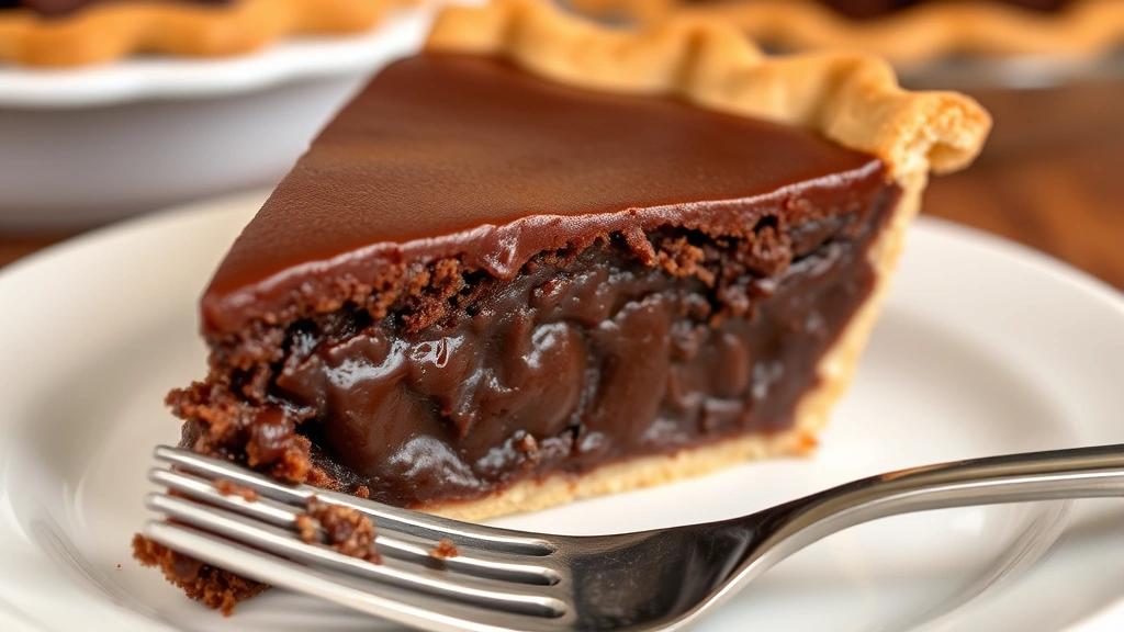 Close-up of a perfectly sliced old fashioned chocolate pie showing creamy dark chocolate filling, flaky golden crust, and glossy surface, served on white plate with fork