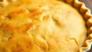 Close-up of golden-brown homemade pie crust with crimped edges, showing flaky layers and butter texture on ceramic pie dish