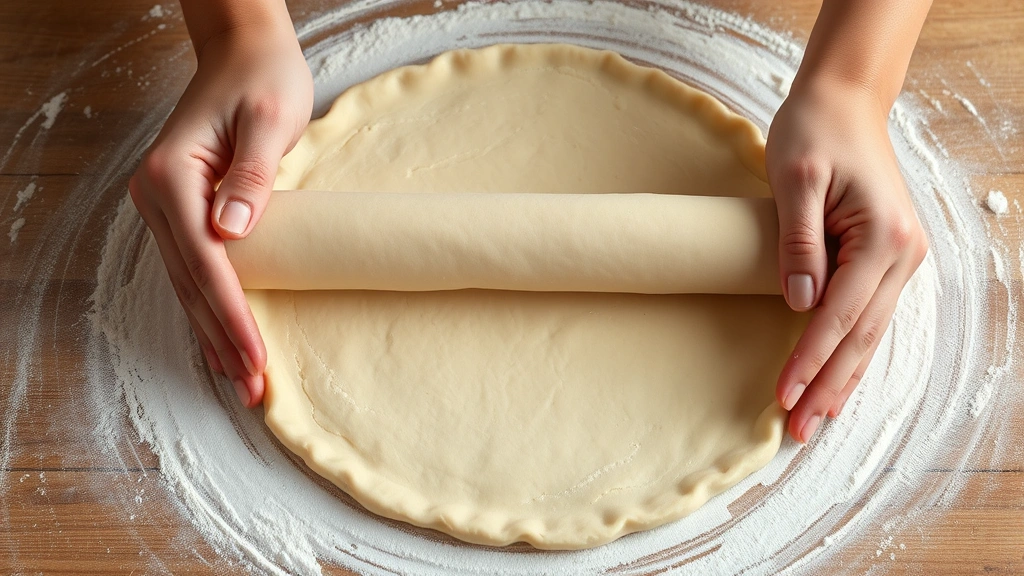 Hands rolling out homemade pie dough on floured surface showing texture and thickness of traditional pie crust preparation