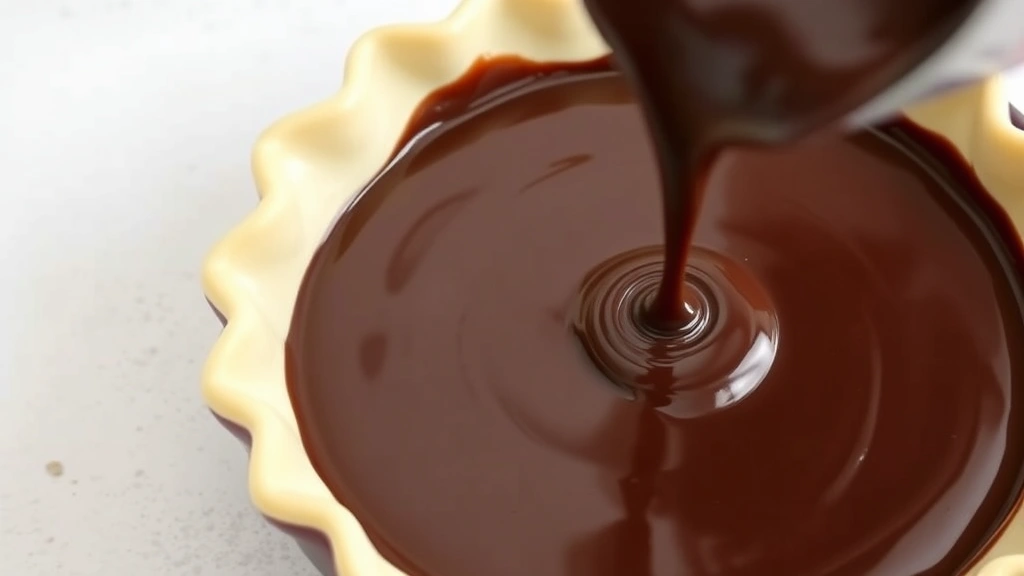 Pouring rich dark chocolate filling into unbaked pie shell, showing glossy silky texture and smooth consistency of chocolate custard