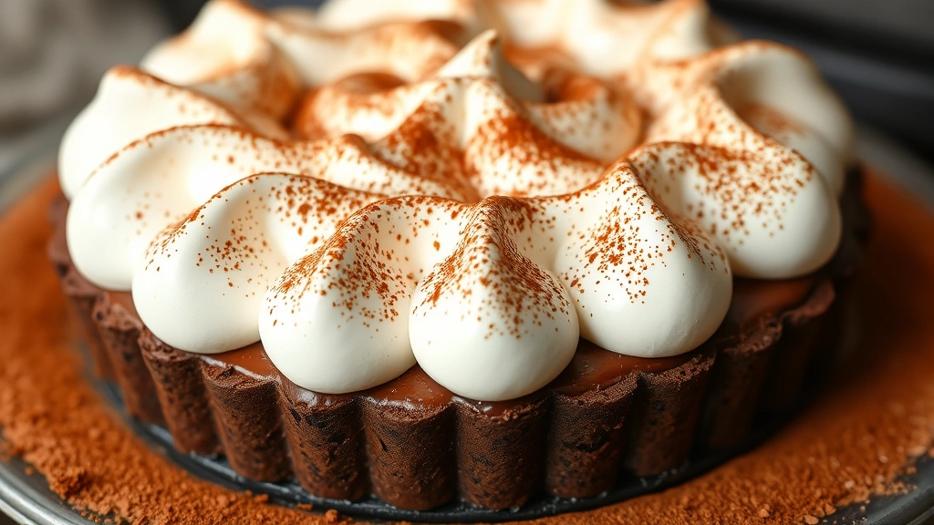 Golden-brown baked chocolate pie with meringue topping fresh from oven, showing height and light brown peaks, dusted with cocoa powder