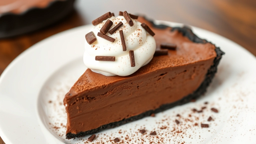 Finished chocolate pie slice on white plate topped with dollop of whipped cream, chocolate shavings, and cocoa powder dusting