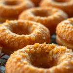 Close-up of golden-brown old fashioned donuts cooling on a wire rack with crispy, bumpy exterior texture visible, warm lighting highlighting the caramelized surface