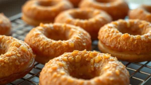 Close-up of golden-brown old fashioned donuts cooling on a wire rack with crispy, bumpy exterior texture visible, warm lighting highlighting the caramelized surface