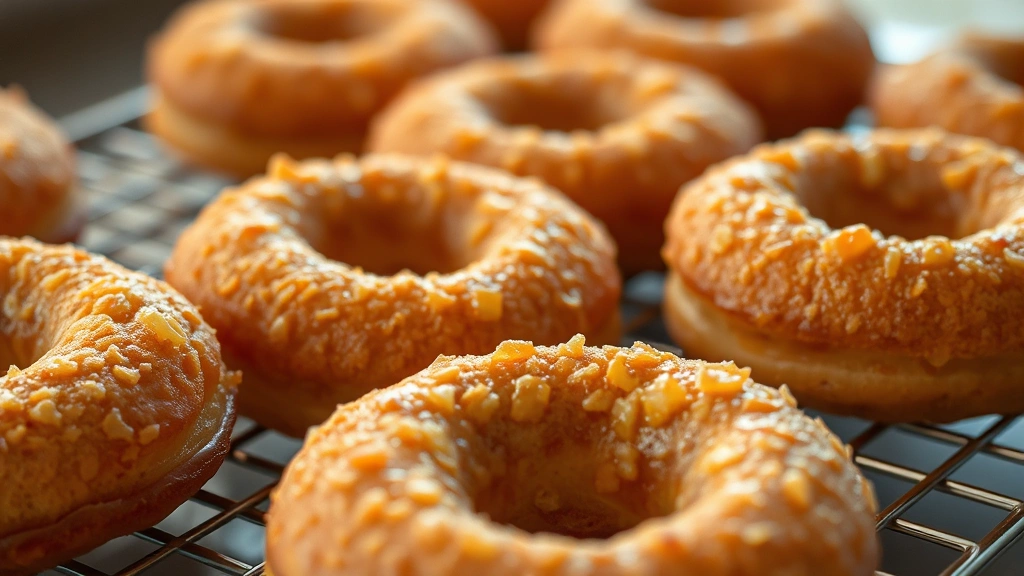 Close-up of golden-brown old fashioned donuts cooling on a wire rack with crispy, bumpy exterior texture visible, warm lighting highlighting the caramelized surface