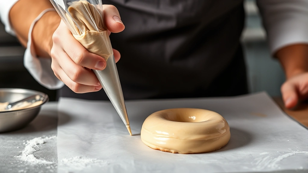 Professional baker piping smooth donut batter from pastry bag onto parchment paper, showing proper technique and consistency of cold dough