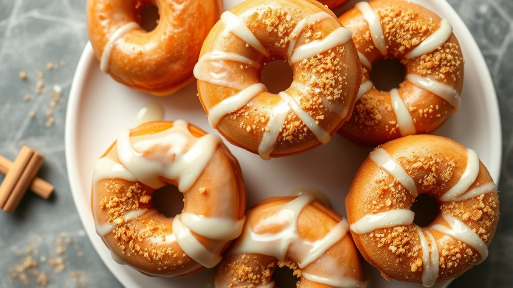Overhead shot of finished old fashioned donuts with vanilla glaze dripping, arranged artfully on white plate with fresh nutmeg sprinkled nearby